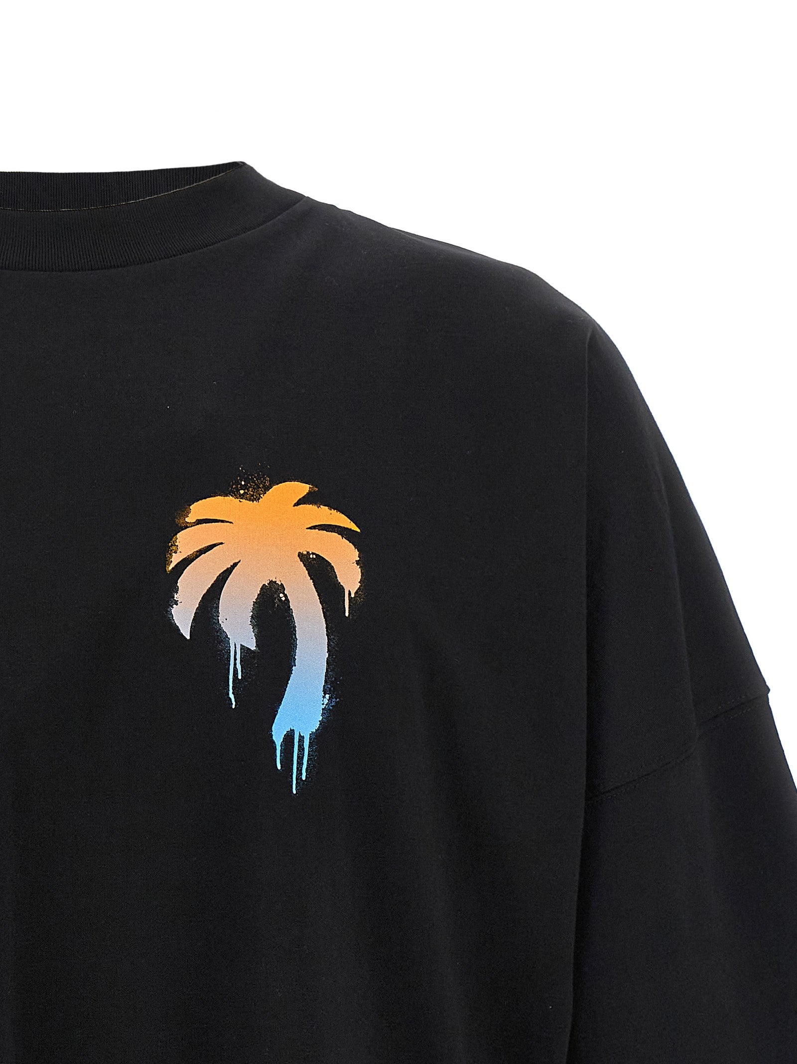 T-Shirt by Palm Angels for men in polyamide cotton black & print features an edgy silhouette, meticulously detailed with a sophisticated and crew neckline for a truly edgy finish.