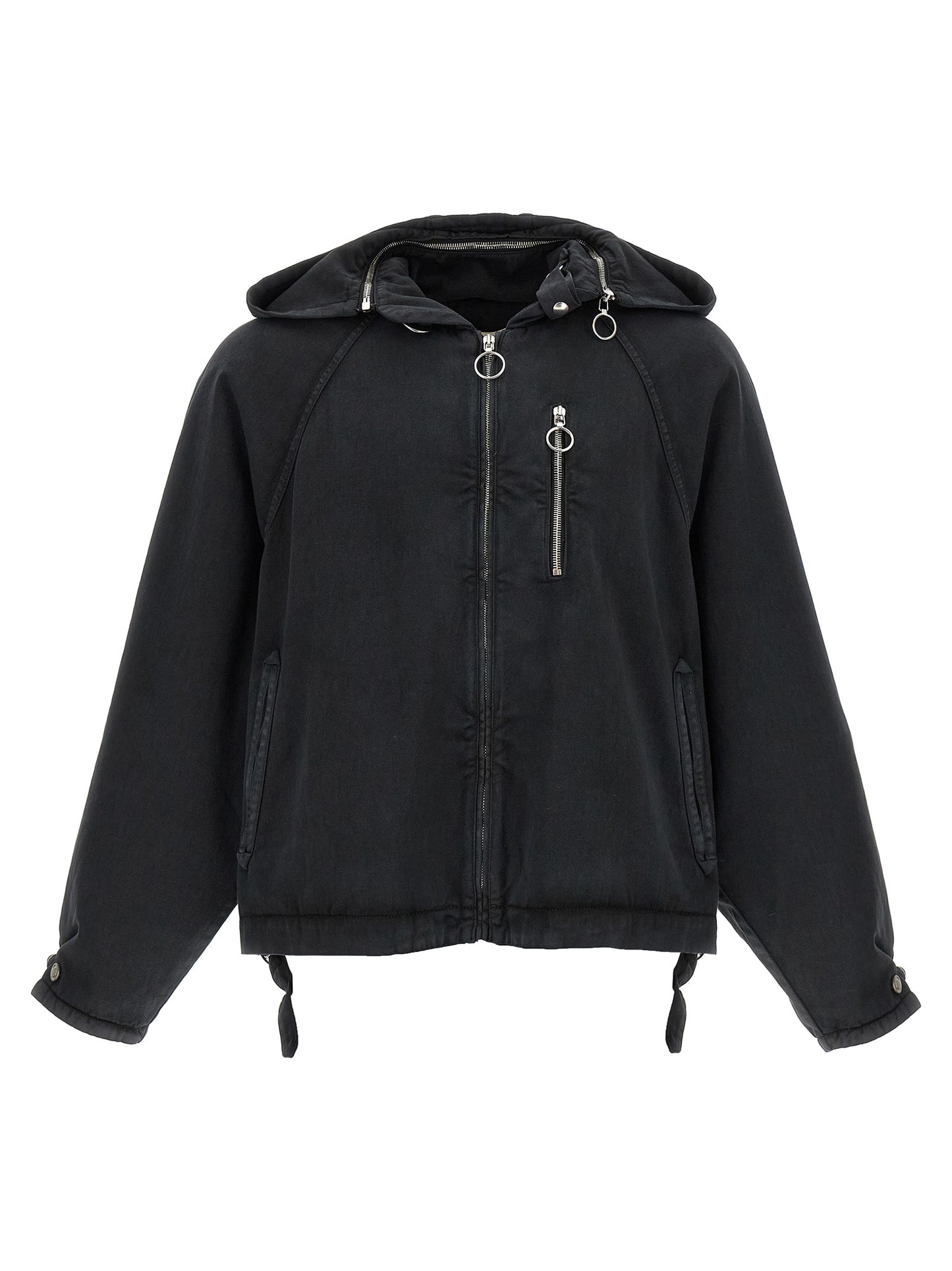 Hooded Windbreaker Jacket by Namacheko for men in cotton black features an perennial silhouette with a refined hooded neckline and perennial pockets, hooded & windproof for a sophisticated weather-resistant look.