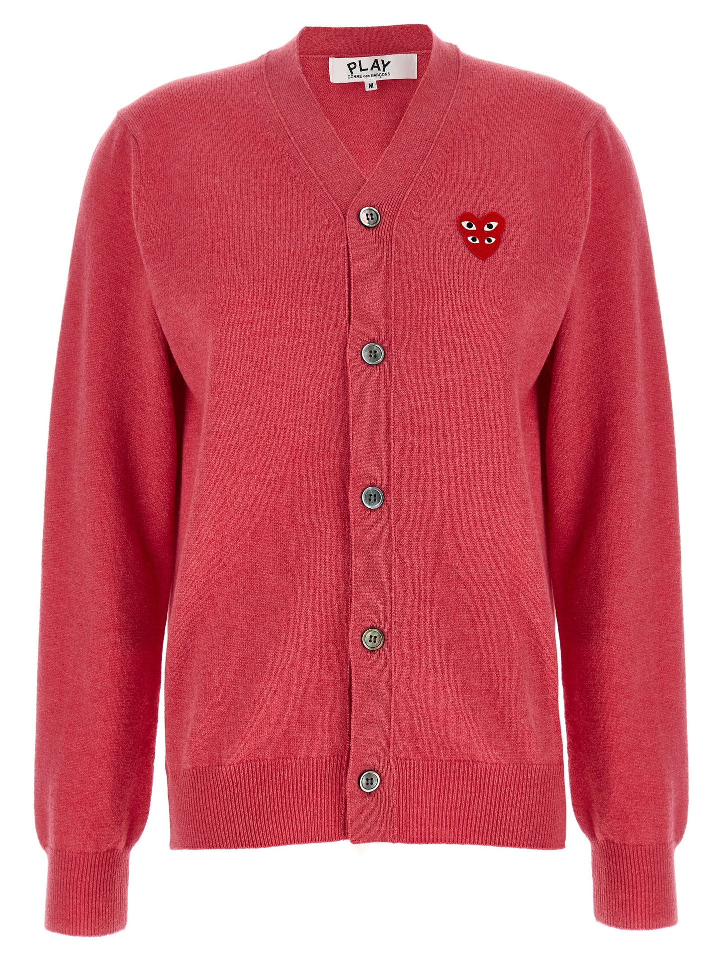 Cardigan by Comme Des Garçons Play for women in wool multicolor, pink & red features an impeccable silhouette, showcasing a sophisticated v-neck neckline and long-sleeve detail for a truly impeccable finish.