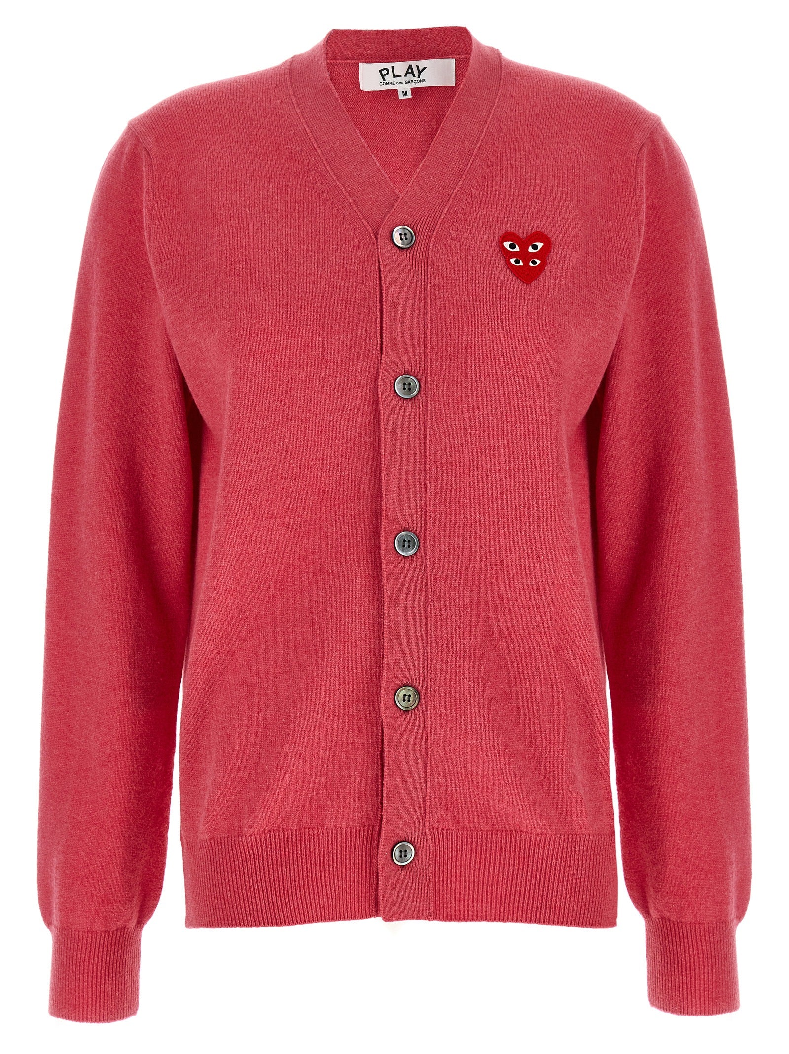 Cardigan by Comme Des Garçons Play for women in wool multicolor, pink & red features an impeccable silhouette, showcasing a sophisticated v-neck neckline and long-sleeve detail for a truly impeccable finish.