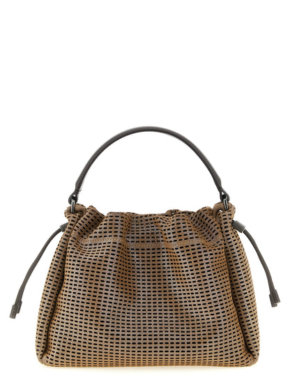 Quilted Bucket Handbag by Brunello Cucinelli for women in calfskin leather brown presents a ornamental silhouette, showcasing a secure drawstring & magnetic, ample , and versatile shoulder-strap, handle & adjustable-strap for a ornamental finish.
