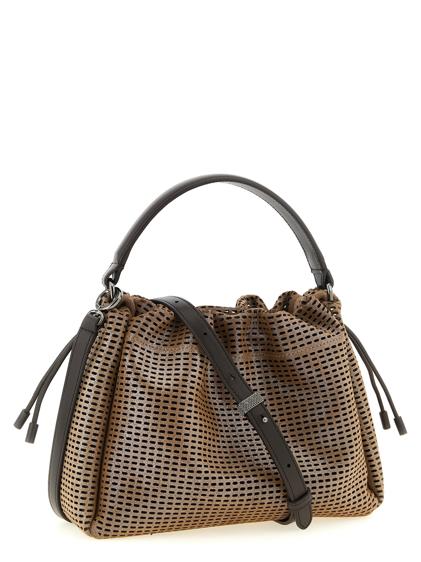 This Quilted Bucket Handbag by Brunello Cucinelli for women in calfskin leather and brown presents a sculptural silhouette featuring a secure drawstring & magnetic, ample , and versatile shoulder-strap, handle & adjustable-strap for a sculptural finish.