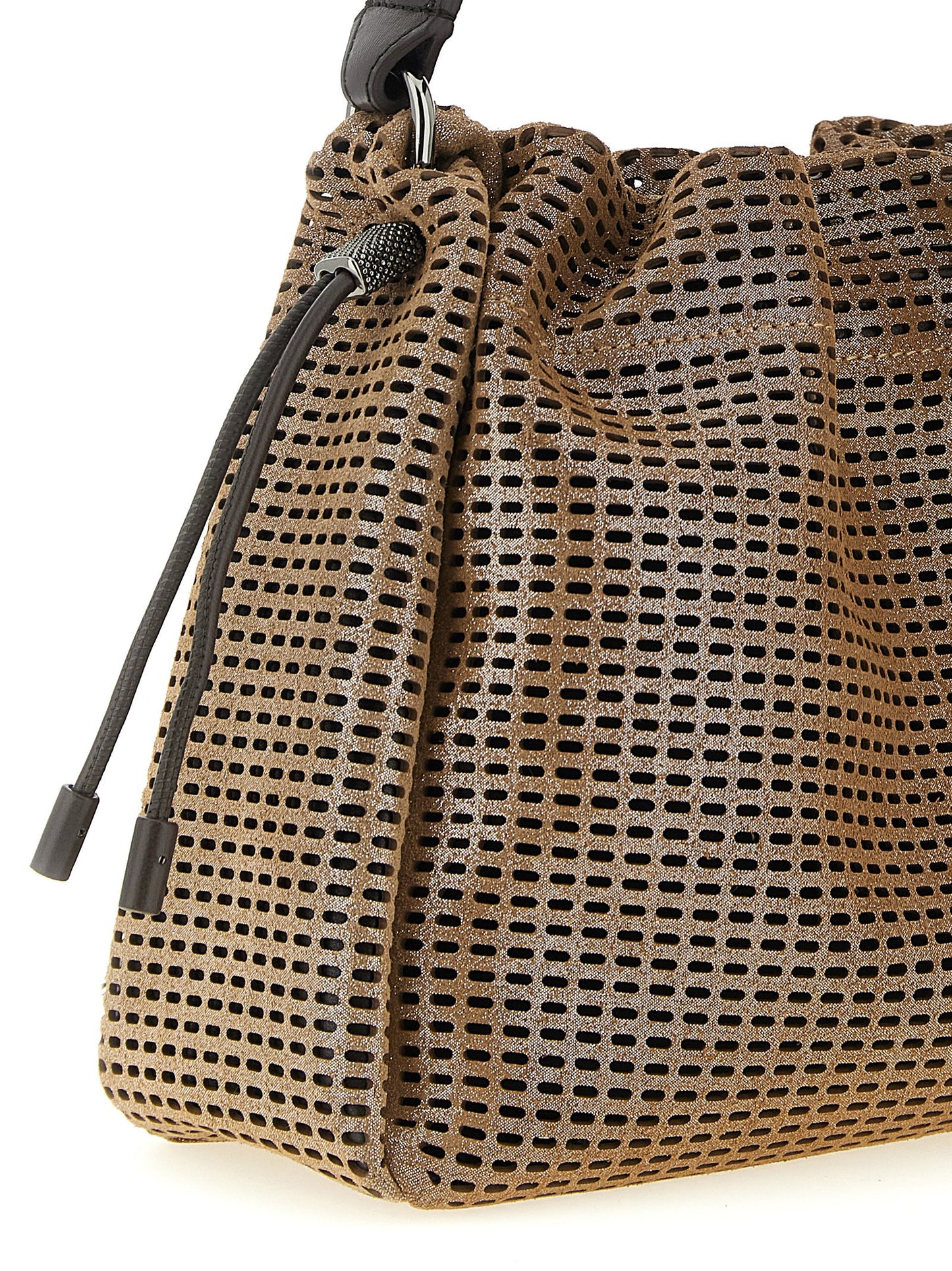 Quilted Bucket Handbag by Brunello Cucinelli for women in calfskin leather brown features a signature silhouette, showcasing a secure drawstring & magnetic and signature with versatile shoulder-strap, handle & adjustable-strap for a sophisticated look.
