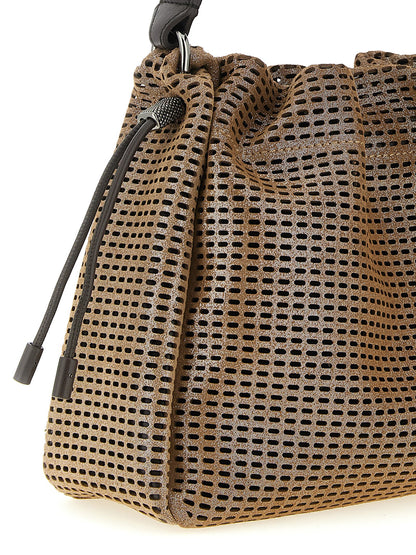 Quilted Bucket Handbag by Brunello Cucinelli for women in calfskin leather brown features a signature silhouette, showcasing a secure drawstring & magnetic and signature with versatile shoulder-strap, handle & adjustable-strap for a sophisticated look.
