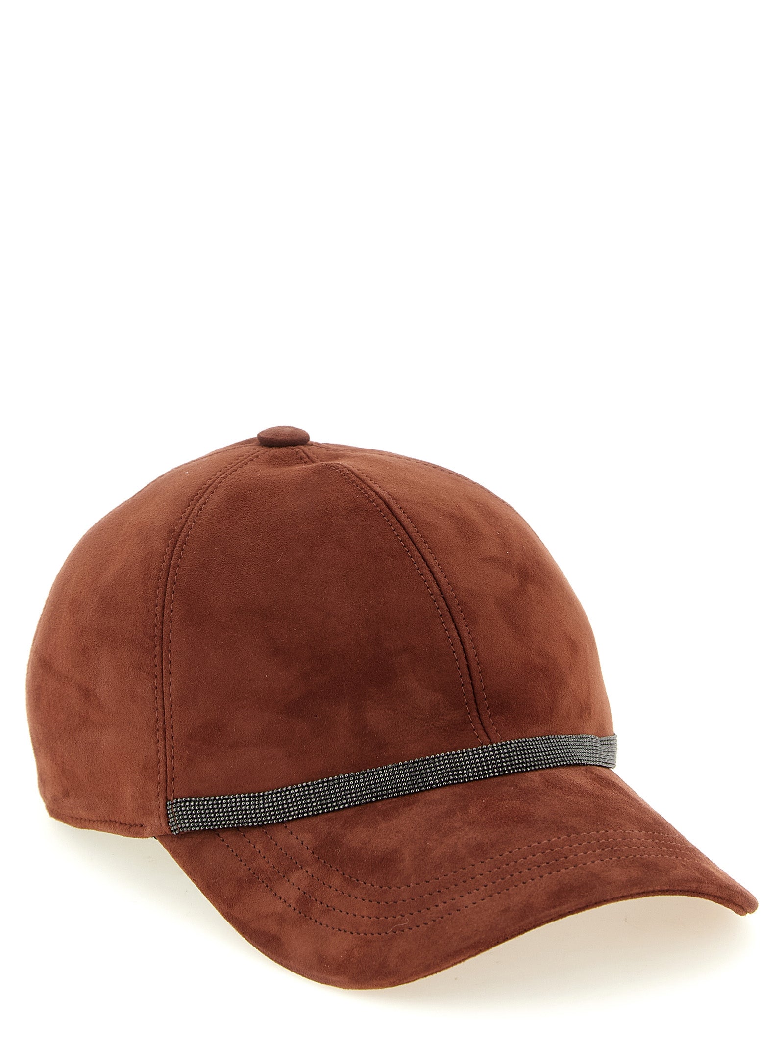 Baseball Cap by Brunello Cucinelli for women in lamb leather multicolor & red features a distinguished silhouette, showcasing the distinguished design of the Monile Lamb Leather Baseball Cap for a sophisticated, elevated look.