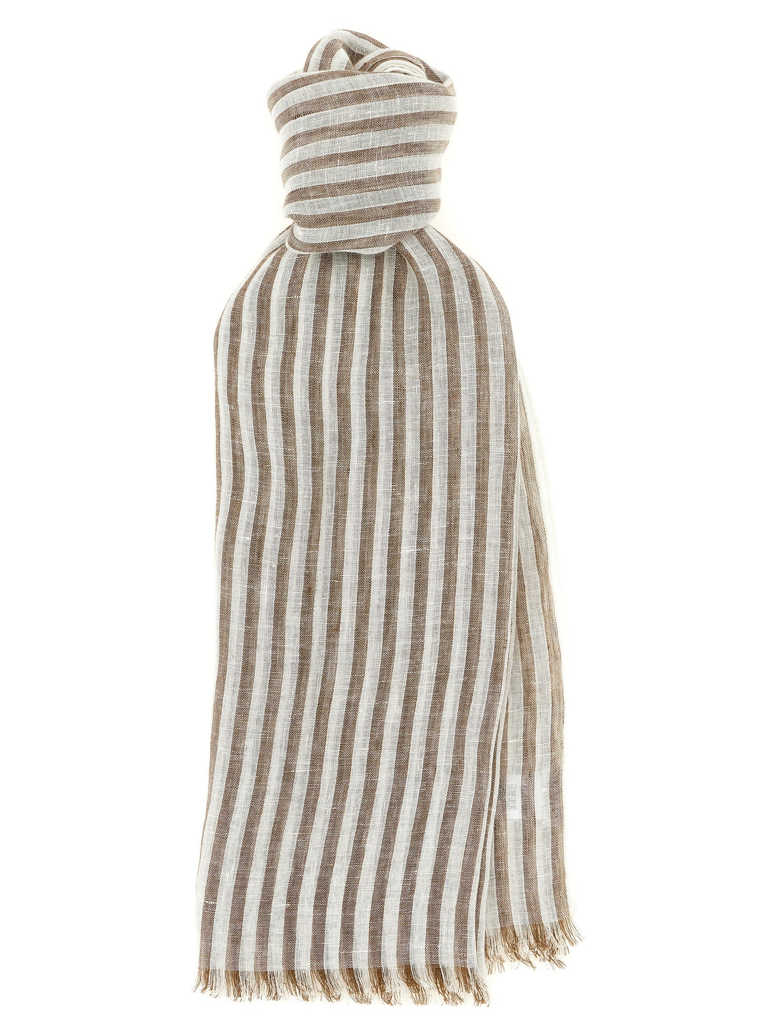 Scarf by Brunello Cucinelli for women in linen polyester & viscose brown, patterned & striped showcases a on trend silhouette, artfully capturing the on trend essence of the Linen Polyester & Viscose Scarf design with a sophisticated finish.
