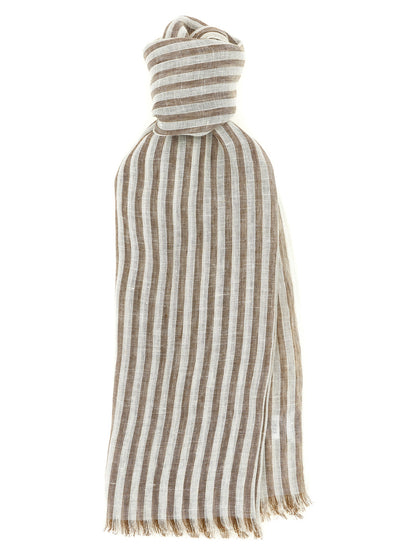 Scarf by Brunello Cucinelli for women in linen polyester & viscose brown, patterned & striped showcases a on trend silhouette, artfully capturing the on trend essence of the Linen Polyester & Viscose Scarf design with a sophisticated finish.