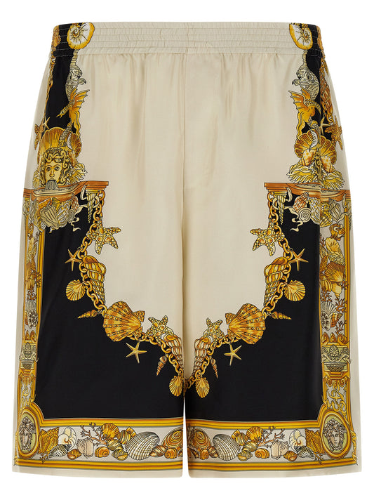 Bermuda Shorts by Versace for men in silk multicolor & print presents a sleek silhouette, featuring a sleek wide with a refined short and a sophisticated .