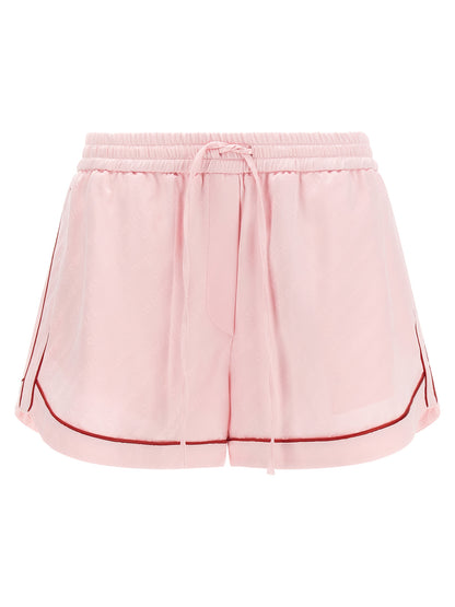Off-White Women's Wide Satin Polyester & Viscose Bermuda Shorts - Multicolor Pink White Jacquard