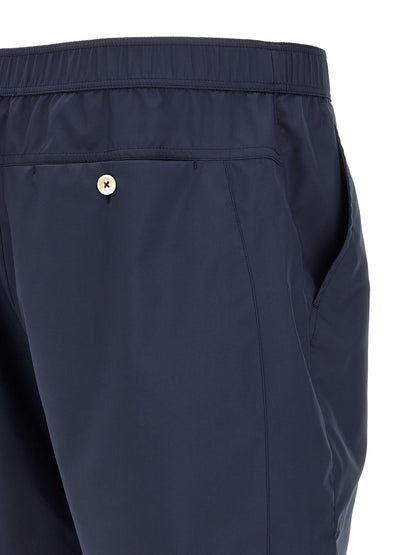 Bermuda Shorts by Brunello Cucinelli for men in polyester polyurethane & nylon blue & print features an tailored silhouette, showcasing a tailored with a short and for a sophisticated look.
