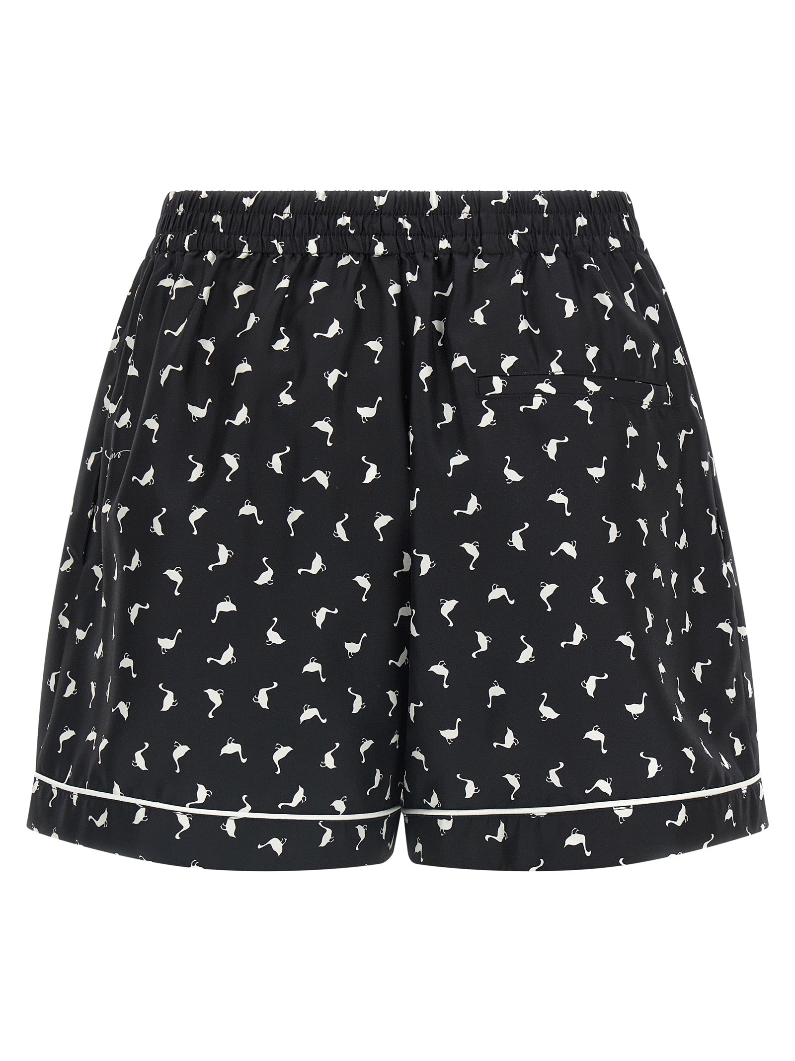 Cargo Shorts by Moschino for women in silk twill bicolour, black, white & print features a utilitarian chic silhouette, meticulously detailed with a utilitarian chic , short, and for a premium, utilitarian look.