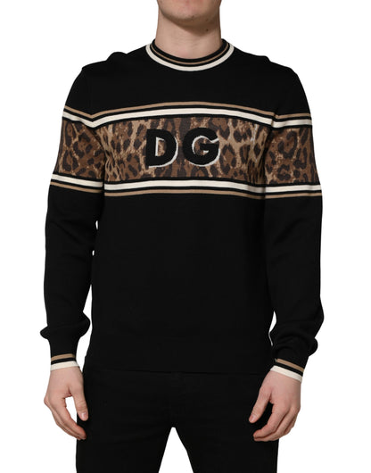 Dolce & Gabbana Black Leopard Wool Crew Neck Men Pullover Sweater