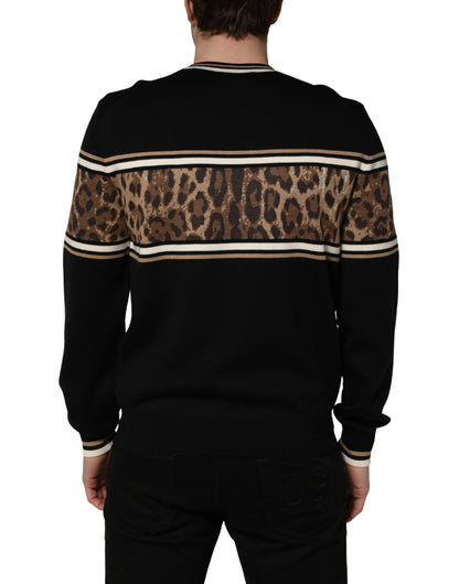 Dolce & Gabbana Black Leopard Wool Crew Neck Men Pullover Sweater