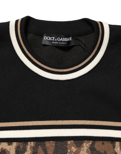 Dolce & Gabbana Black Leopard Wool Crew Neck Men Pullover Sweater