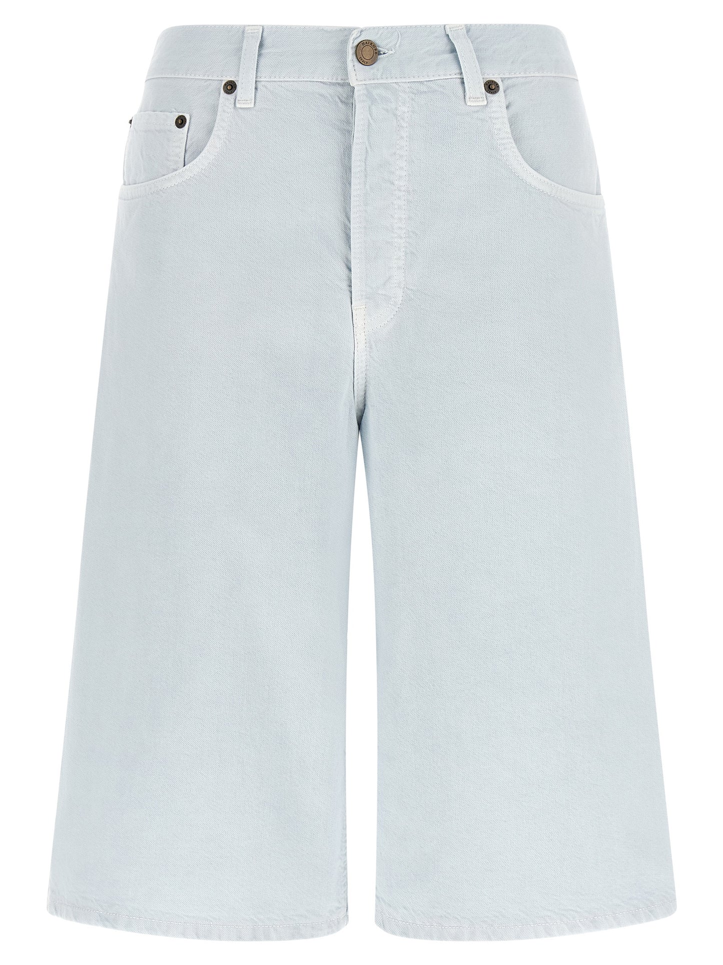 Haikure Women's Wide Linen Cotton Twill & Suede Leather Bermuda Shorts - Light Blue