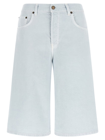 Haikure Women's Wide Linen Cotton Twill & Suede Leather Bermuda Shorts - Light Blue