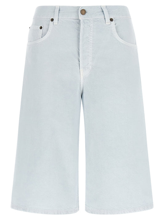 Haikure Women's Wide Linen Cotton Twill & Suede Leather Bermuda Shorts - Light Blue