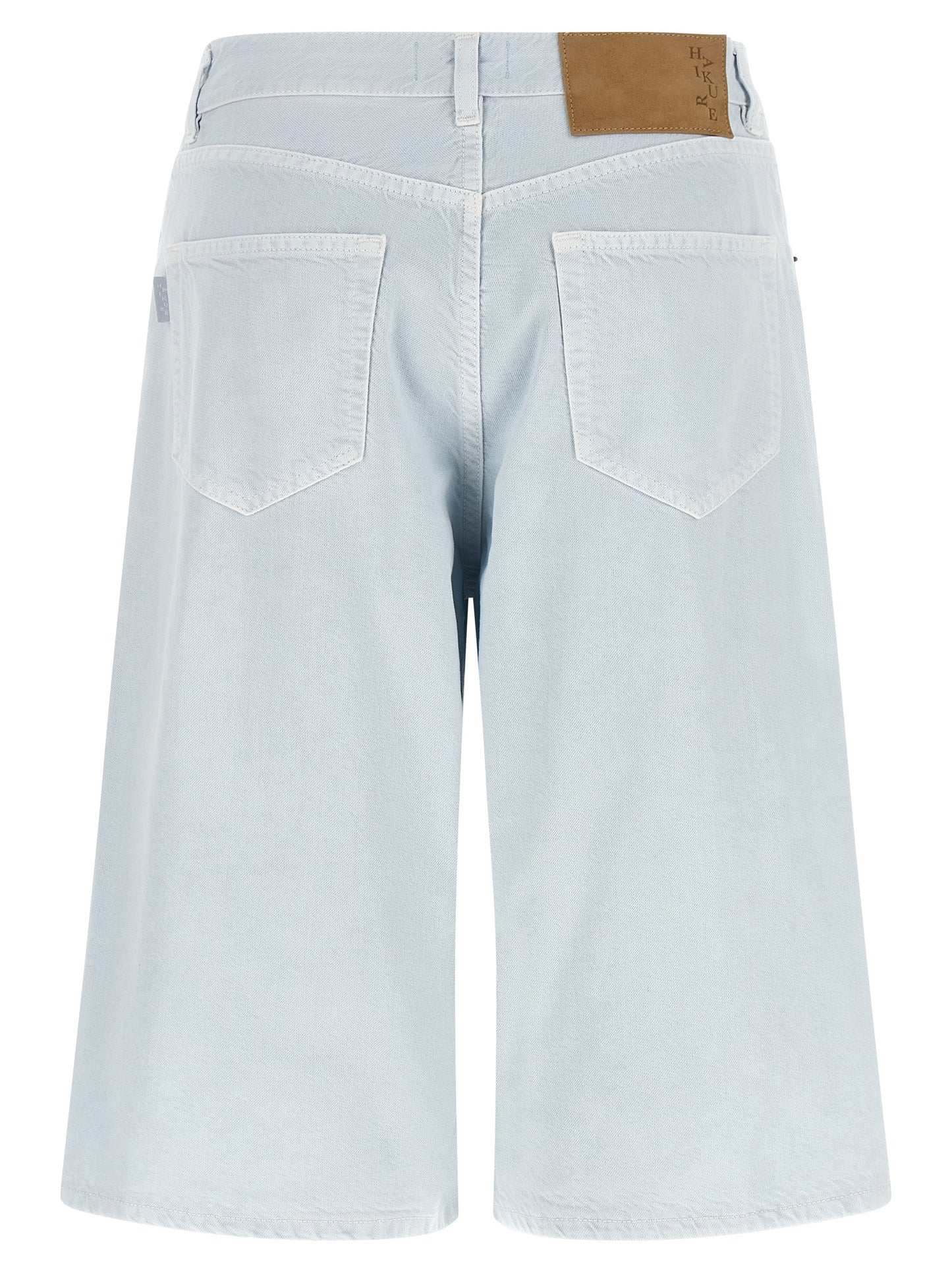 Haikure Women's Wide Linen Cotton Twill & Suede Leather Bermuda Shorts - Light Blue