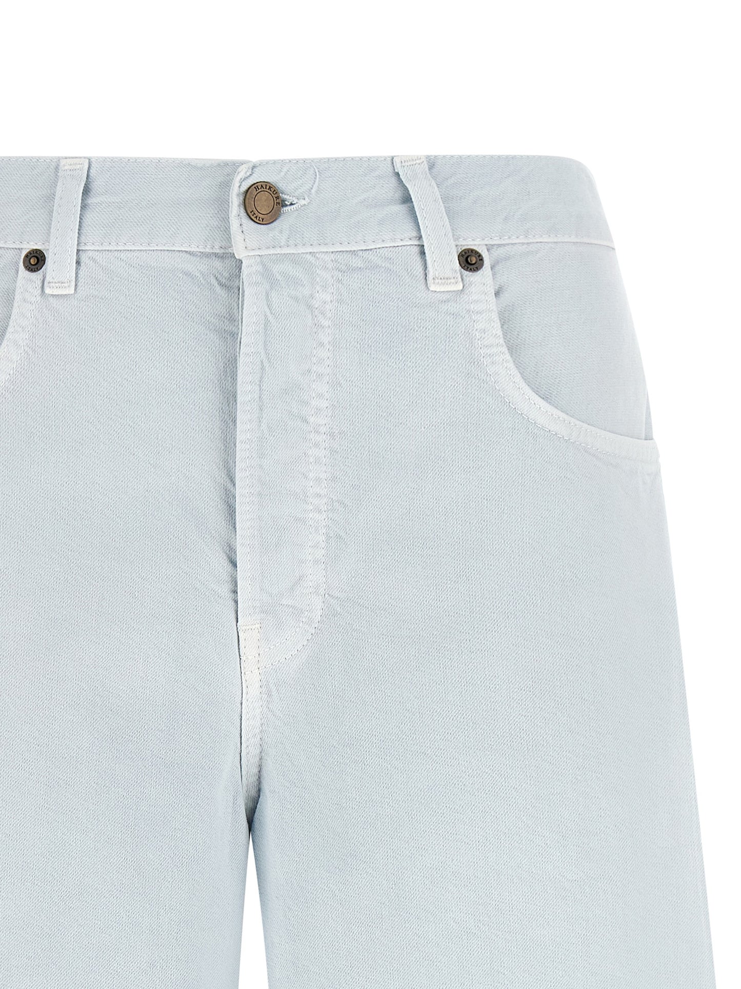 Haikure Women's Wide Linen Cotton Twill & Suede Leather Bermuda Shorts - Light Blue