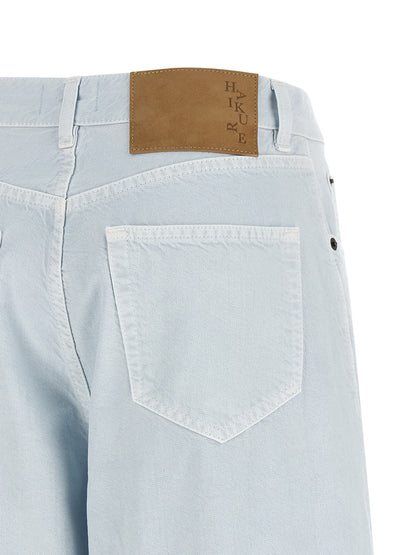 Haikure Women's Wide Linen Cotton Twill & Suede Leather Bermuda Shorts - Light Blue