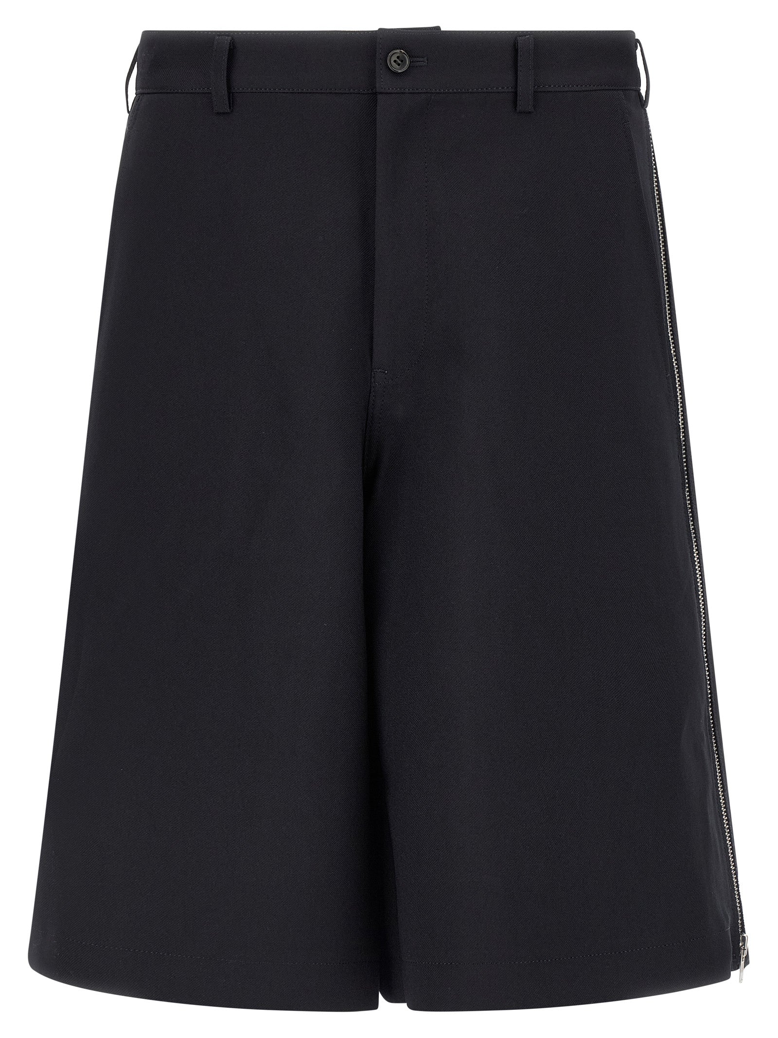 Bermuda Shorts by Comme Des Garçons for men in polyester blue & herringbone features a sartorial silhouette, showcasing a sartorial wide and short with a sophisticated for a sartorial look.