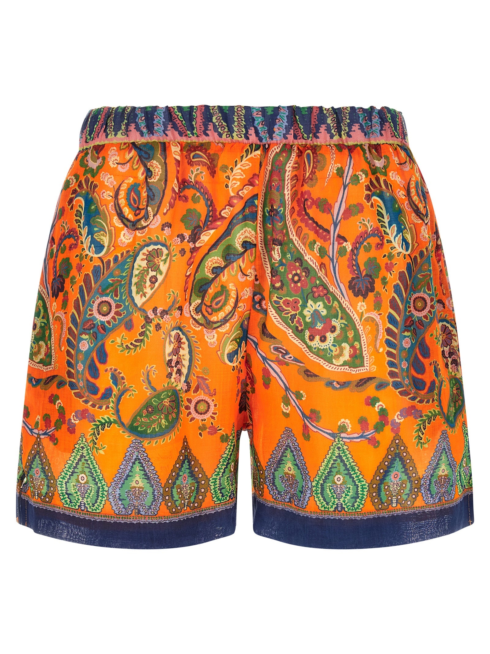 Bermuda Shorts by Etro for women in ramie & polyester orange, paisley, floral & print presents a contemporary silhouette, showcasing a contemporary wide with a refined short and elegant .