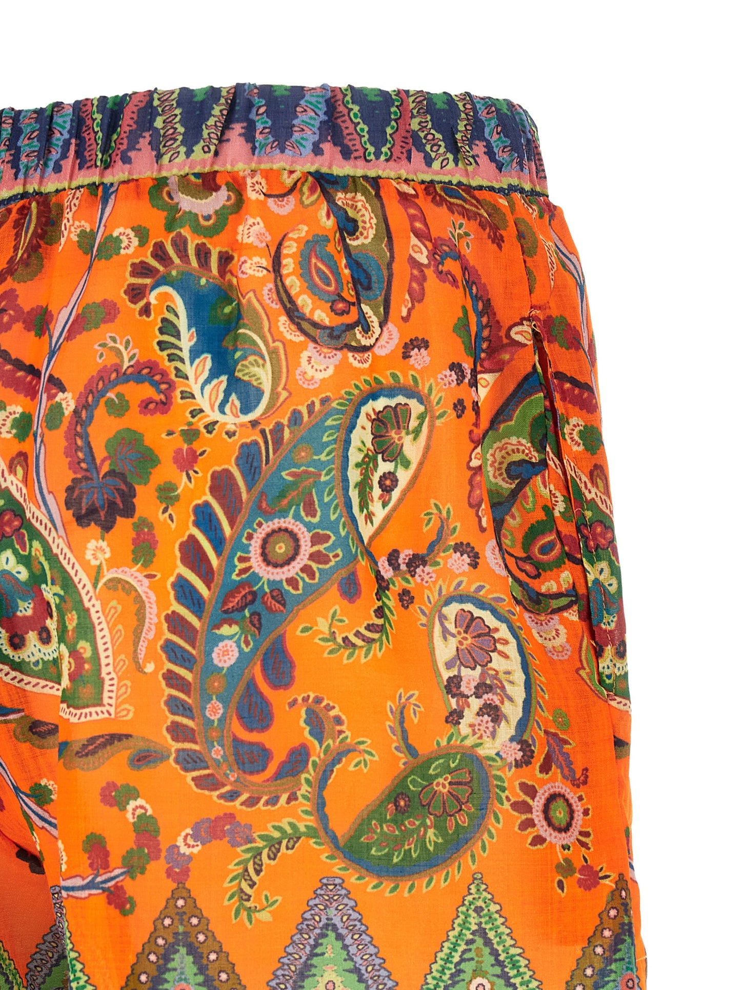 Bermuda Shorts by Etro for women in ramie & polyester orange, paisley, floral & print features a sartorial silhouette, showcasing a sartorial wide and short with a sophisticated for a sartorial look.