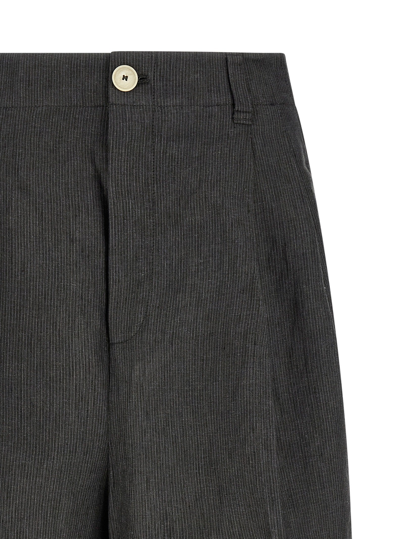 Bermuda Shorts by Jacquemus for men in linen gray & striped features a sartorial silhouette, showcasing a sartorial wide and short with a sophisticated mid rise for a sartorial look.