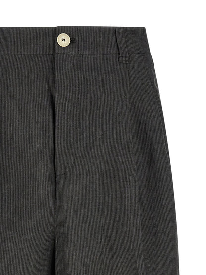 Bermuda Shorts by Jacquemus for men in linen gray & striped features a sartorial silhouette, showcasing a sartorial wide and short with a sophisticated mid rise for a sartorial look.