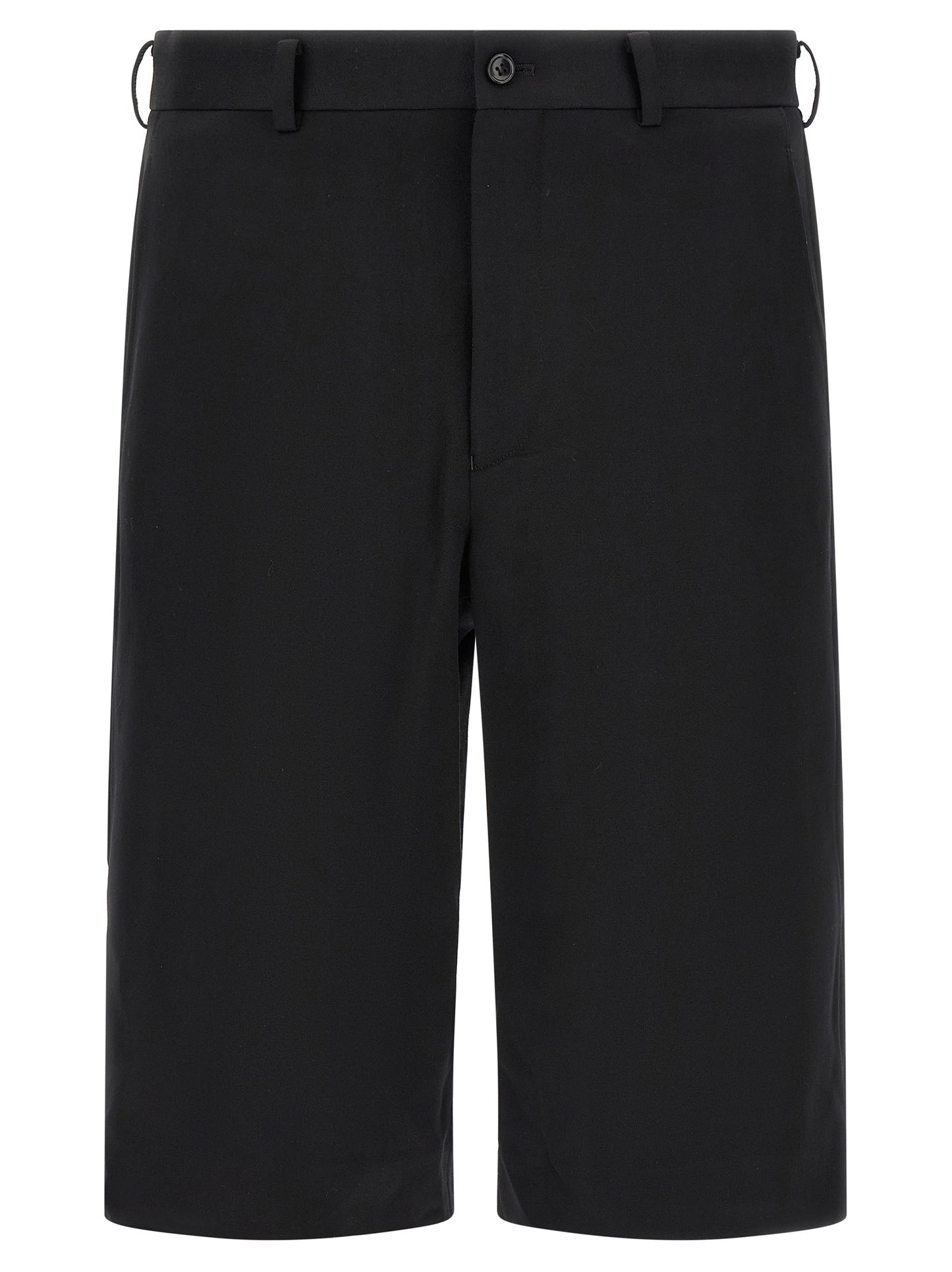 Bermuda Shorts by Comme Des Garçons for men in wool black presents a contemporary silhouette, showcasing a contemporary straight-leg, flared & wide with a refined short and elegant .