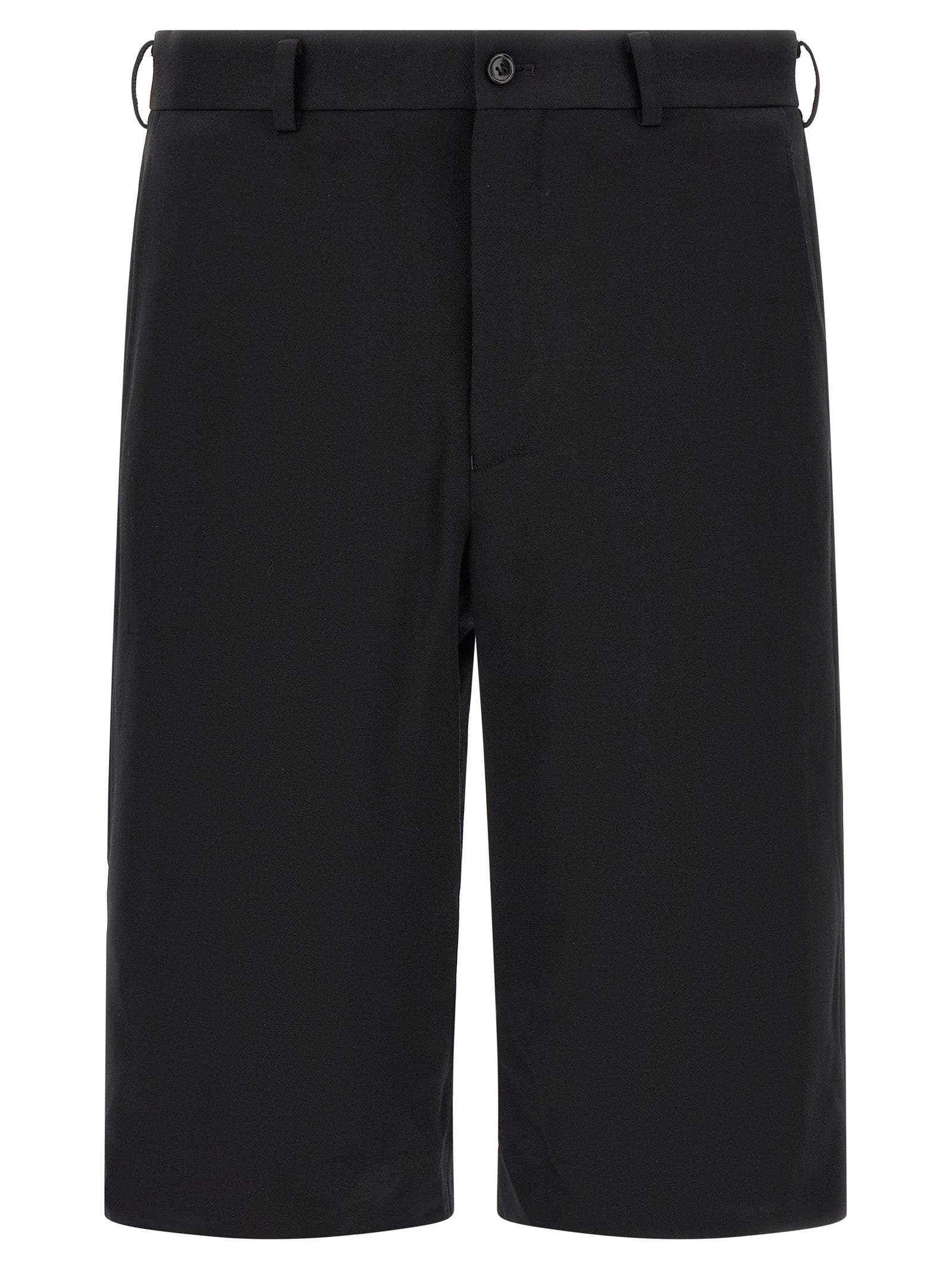 Bermuda Shorts by Comme Des Garçons for men in wool black presents a contemporary silhouette, showcasing a contemporary straight-leg, flared & wide with a refined short and elegant .