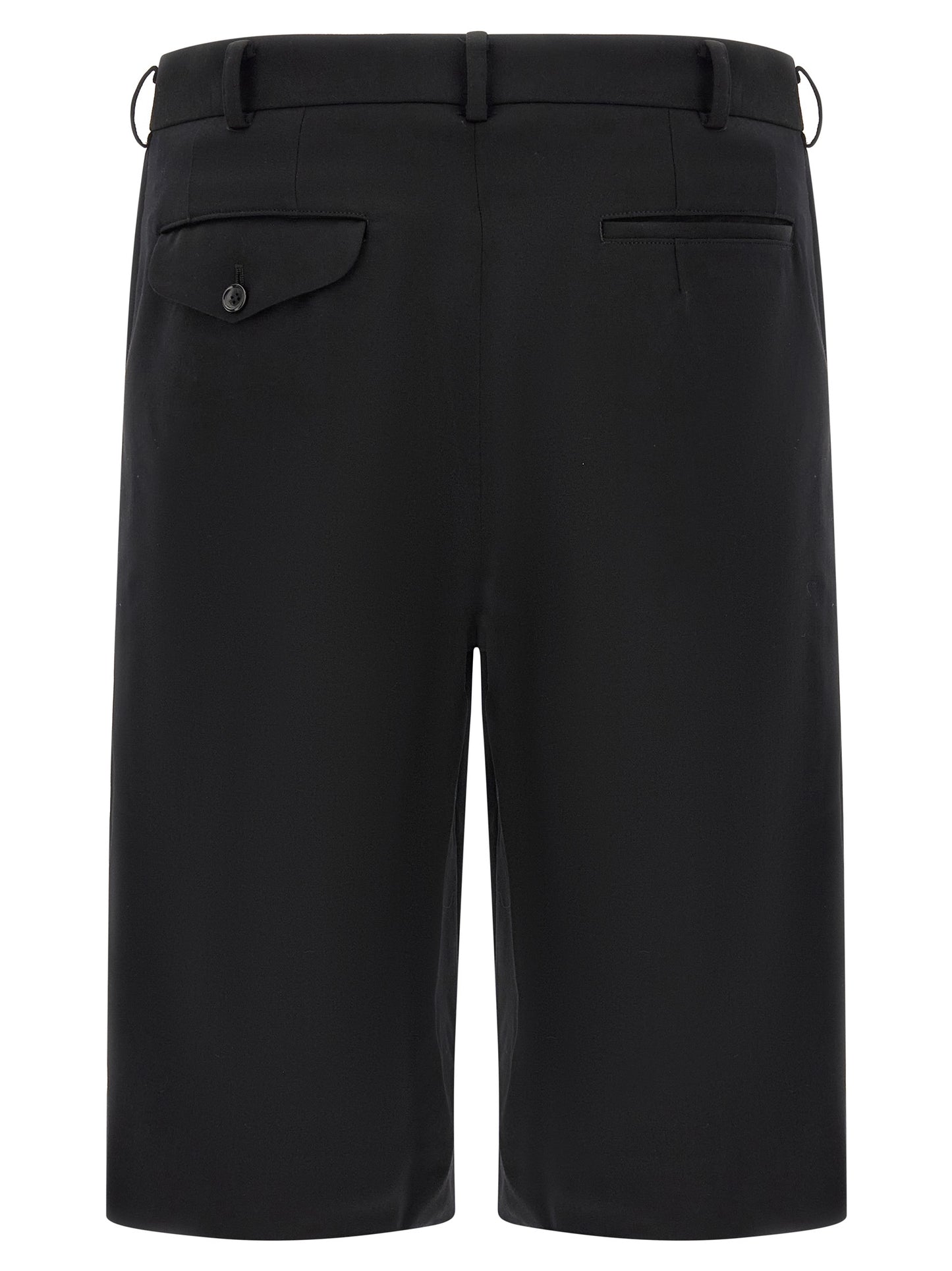 Bermuda Shorts by Comme Des Garçons for men in wool black features an tailored silhouette, showcasing a tailored straight-leg, flared & wide with a short and for a sophisticated look.