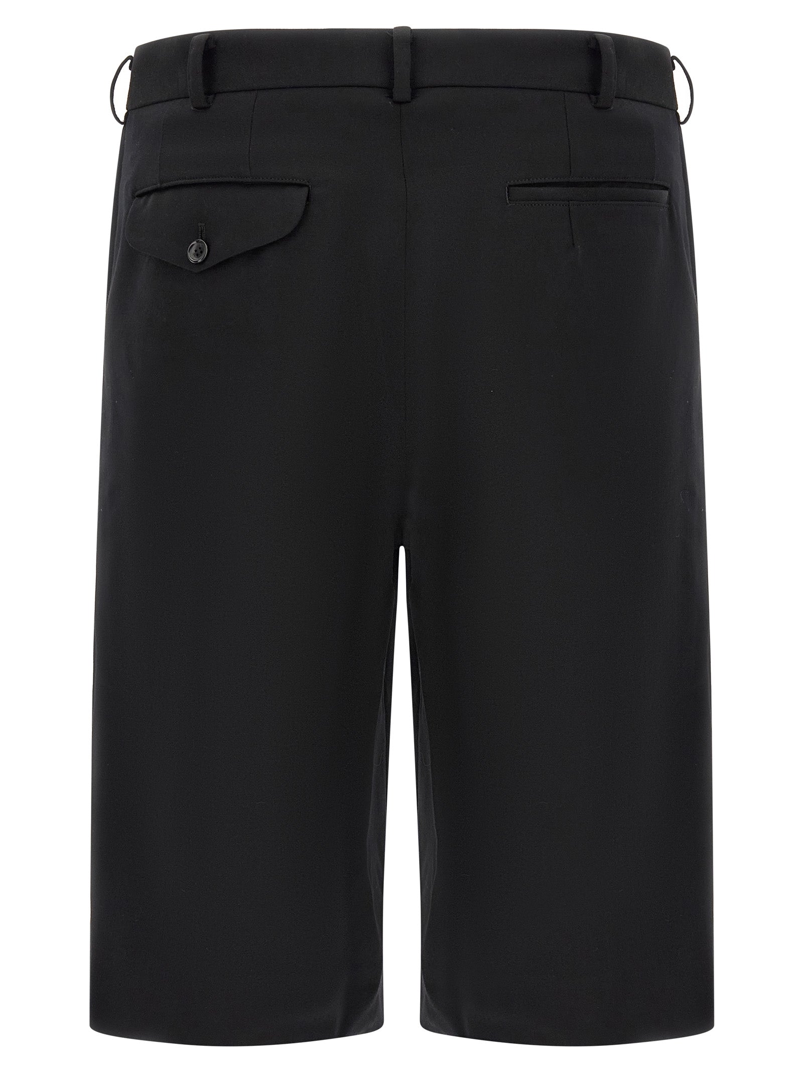 Bermuda Shorts by Comme Des Garçons for men in wool black features an tailored silhouette, showcasing a tailored straight-leg, flared & wide with a short and for a sophisticated look.