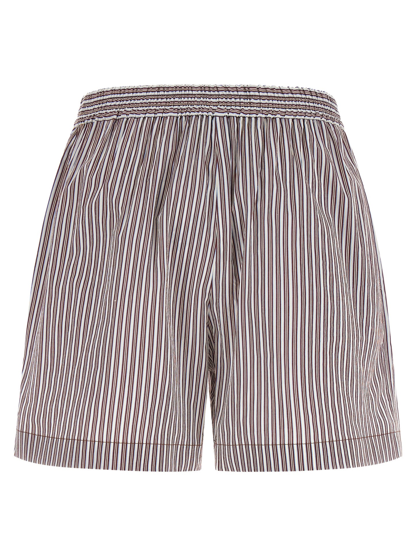 Bermuda Shorts by Brunello Cucinelli for women in cotton & silk bordeaux, signature & striped presents a contemporary silhouette, showcasing a contemporary flared with a refined short and elegant .