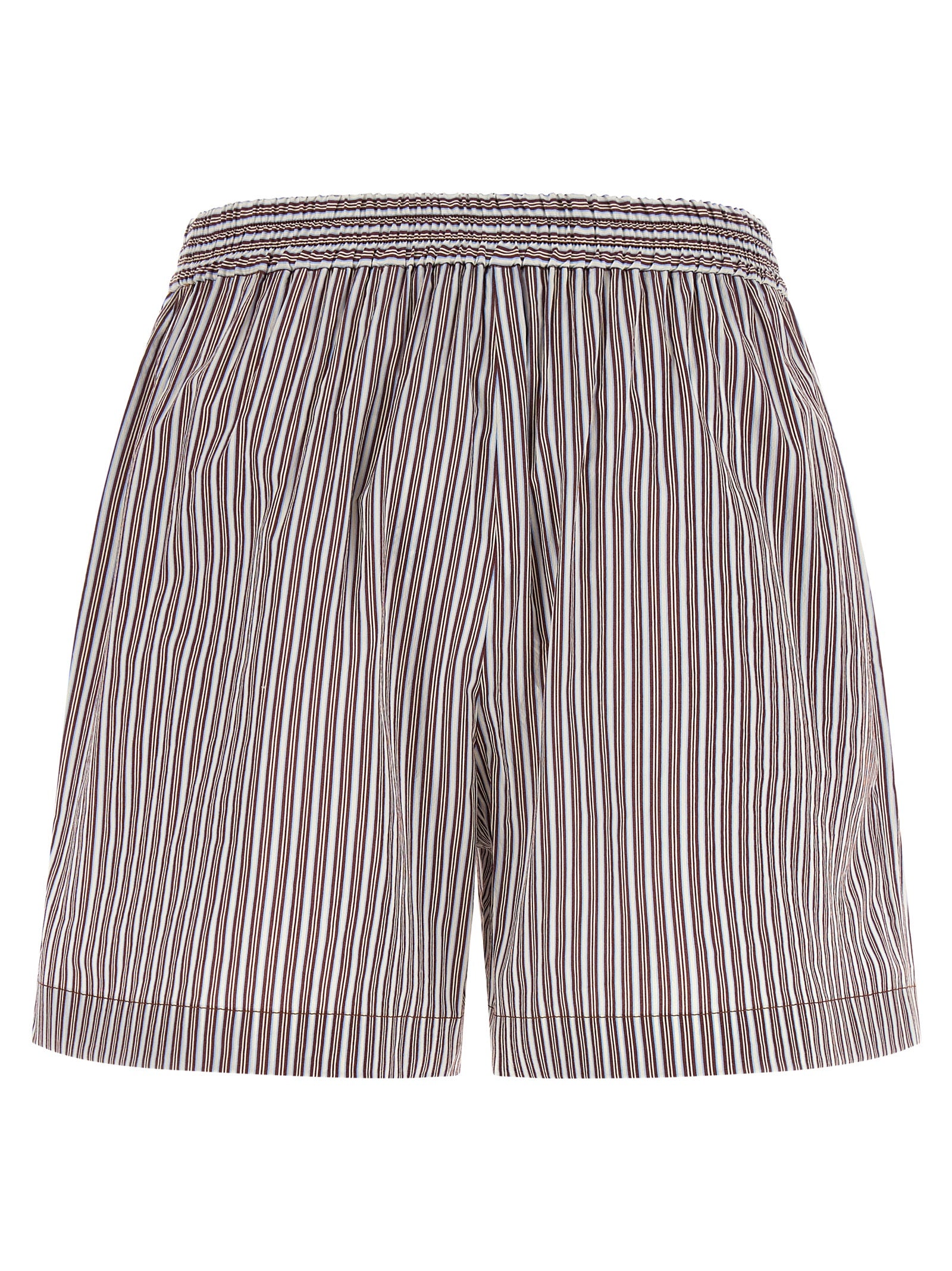 Bermuda Shorts by Brunello Cucinelli for women in cotton & silk bordeaux, signature & striped presents a contemporary silhouette, showcasing a contemporary flared with a refined short and elegant .