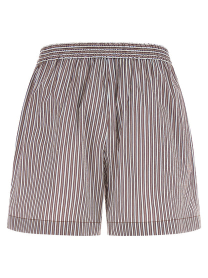 Bermuda Shorts by Brunello Cucinelli for women in cotton & silk bordeaux, signature & striped presents a contemporary silhouette, showcasing a contemporary flared with a refined short and elegant .