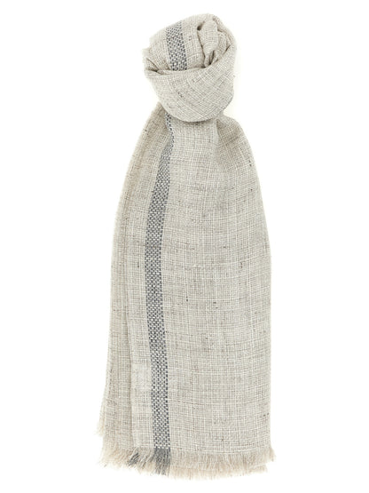 Scarf by Brunello Cucinelli for men in linen gray presents a effortlessly chic silhouette, artfully capturing the essence of the effortlessly chic Linen Scarf design for a sophisticated look.