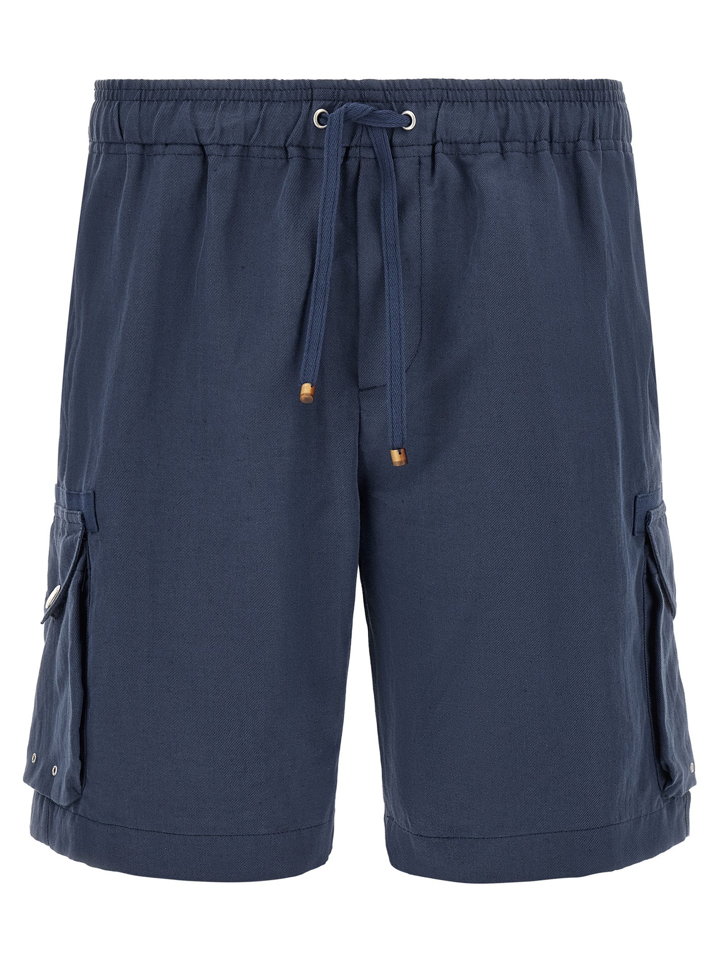 Bermuda Shorts by Brunello Cucinelli for men in linen & cotton blue features a sartorial silhouette, showcasing a sartorial straight-leg and short with a sophisticated for a sartorial look.