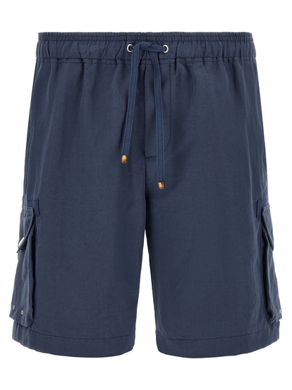 Bermuda Shorts by Brunello Cucinelli for men in linen & cotton blue features a sartorial silhouette, showcasing a sartorial straight-leg and short with a sophisticated for a sartorial look.