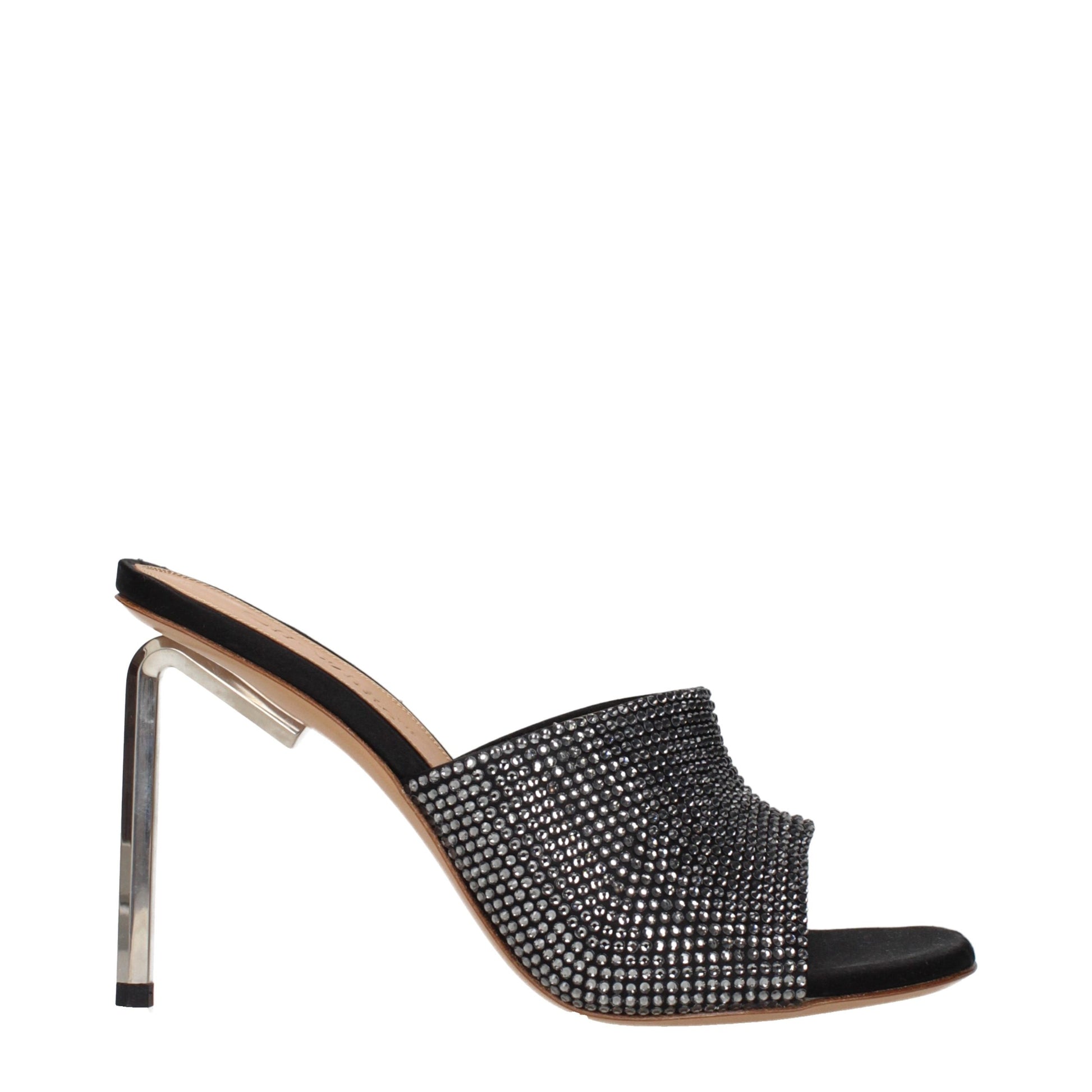 Stiletto Sandals by Off-White for women in satin & rhinestone black & white features an architectural design from the Women's Satin & Rhinestone Stiletto Sandals collection, defined by a architectural stiletto and for a architectural finish.