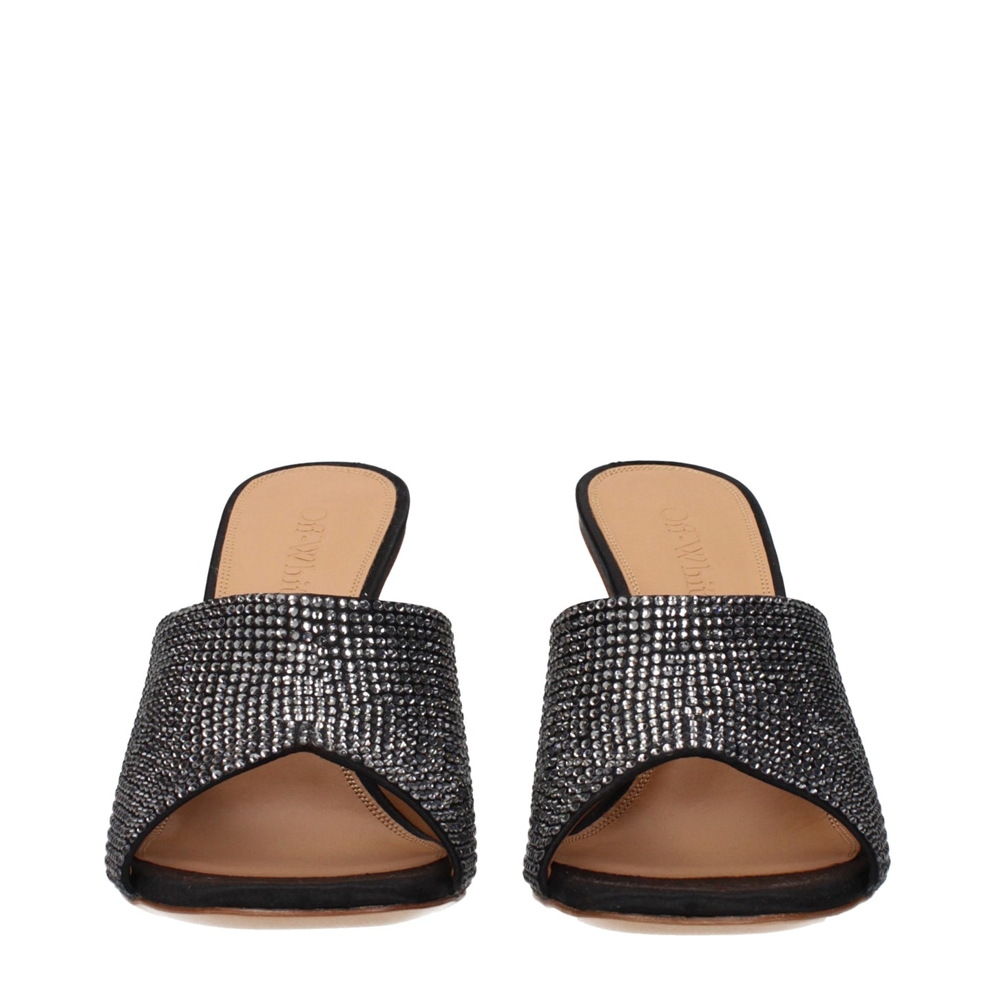 Stiletto Sandals by Off-White for women in satin & rhinestone black & white showcases a sculptural silhouette as Women's Satin & Rhinestone Stiletto Sandals, defined by a sculptural stiletto and sculptural for a sculptural look.