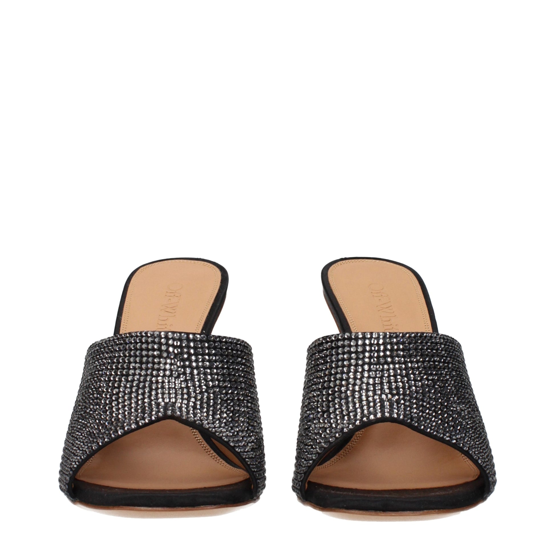 Stiletto Sandals by Off-White for women in satin & rhinestone black & white showcases a sculptural silhouette as Women's Satin & Rhinestone Stiletto Sandals, defined by a sculptural stiletto and sculptural for a sculptural look.