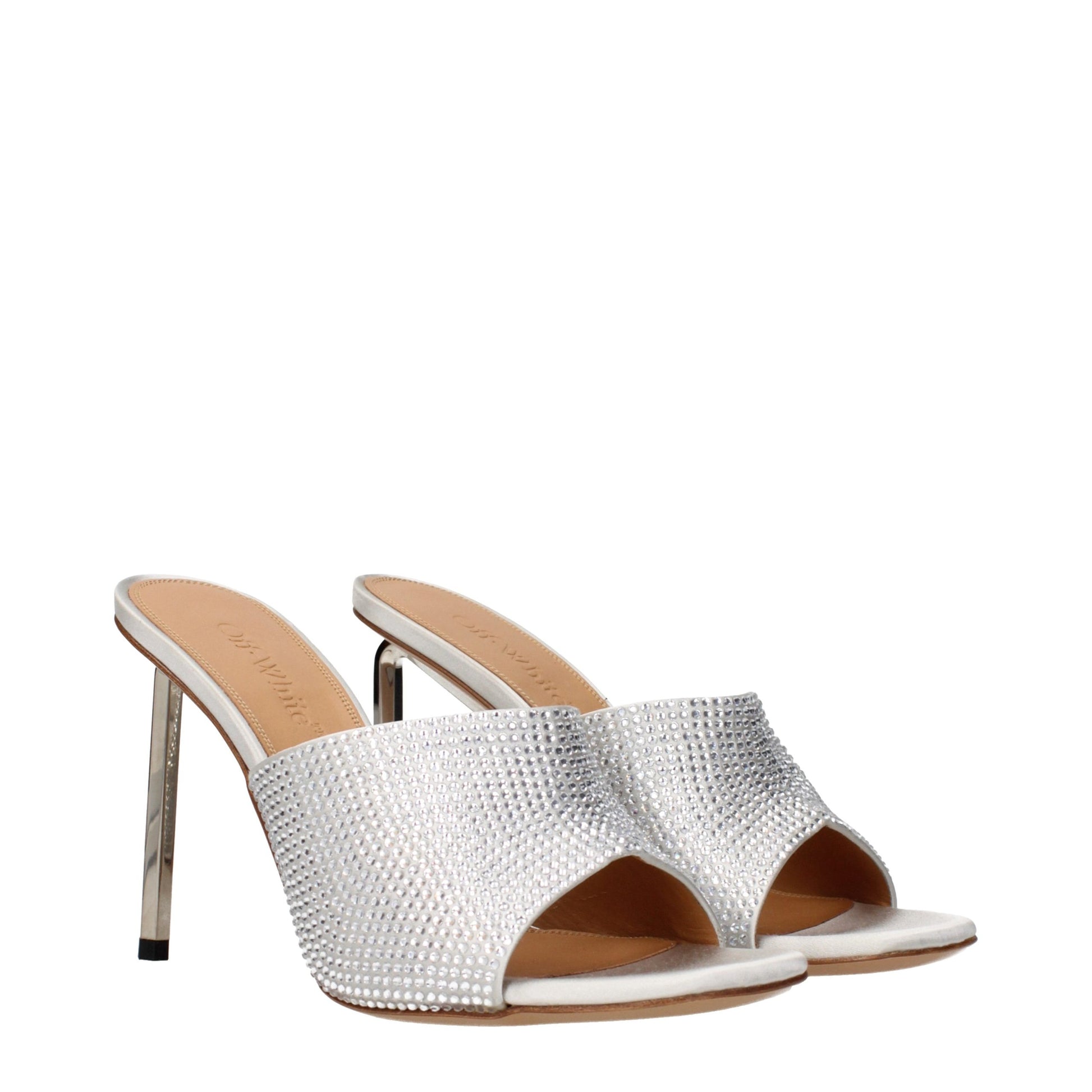 Stiletto Sandals by Off-White for women in satin & rhinestone gray, silver & white features an exquisite silhouette, showcasing the exquisite Women's Satin & Rhinestone Stiletto Sandals with a stiletto and .