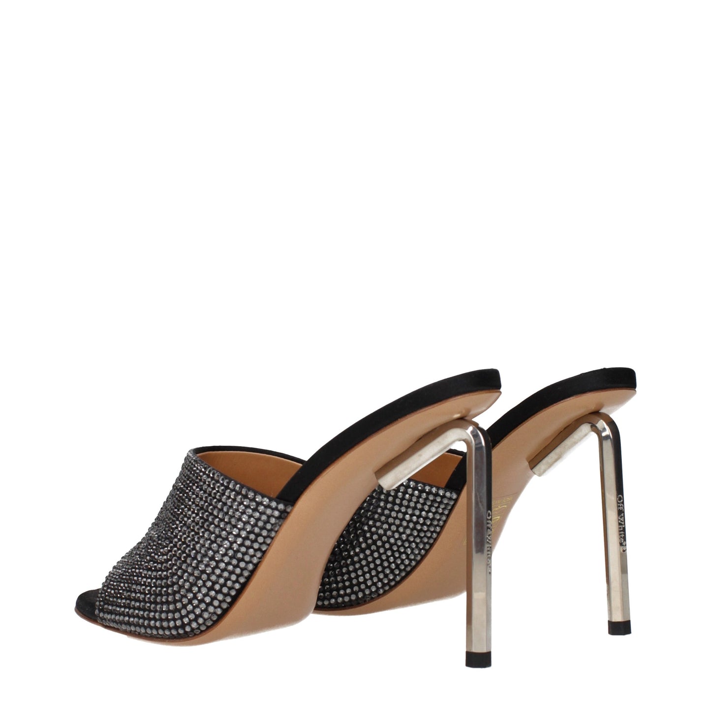 Stiletto Sandals by Off-White for women in satin & rhinestone black & white features an exquisite silhouette, showcasing the exquisite Women's Satin & Rhinestone Stiletto Sandals with a stiletto and .