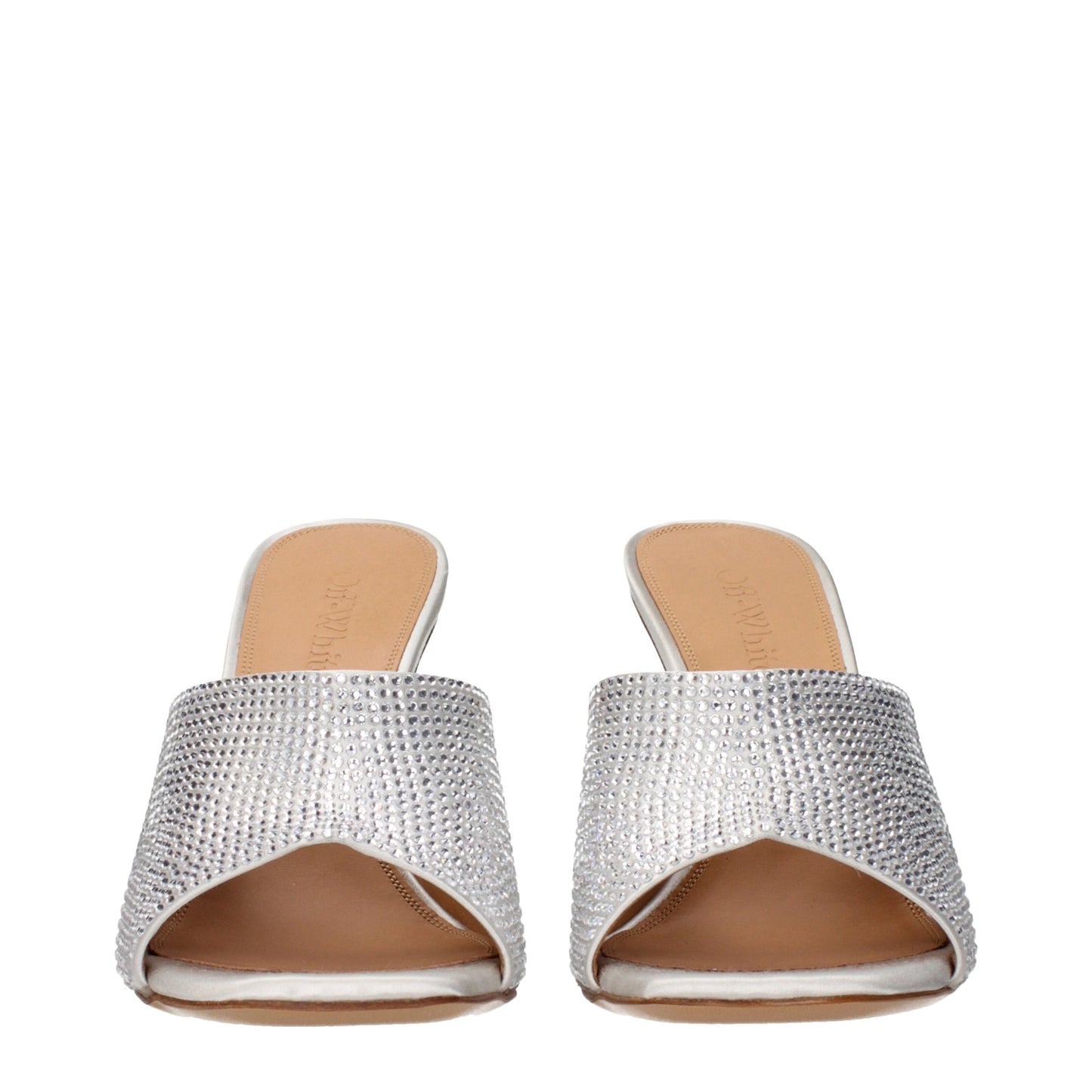 Stiletto Sandals by Off-White for women in satin & rhinestone gray, silver & white features an effortlessly chic silhouette from the Women's Satin & Rhinestone Stiletto Sandals collection, showcasing a effortlessly chic stiletto and elegant .