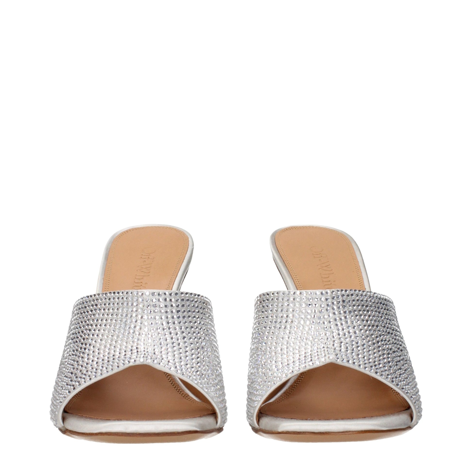 Stiletto Sandals by Off-White for women in satin & rhinestone gray, silver & white features an effortlessly chic silhouette from the Women's Satin & Rhinestone Stiletto Sandals collection, showcasing a effortlessly chic stiletto and elegant .