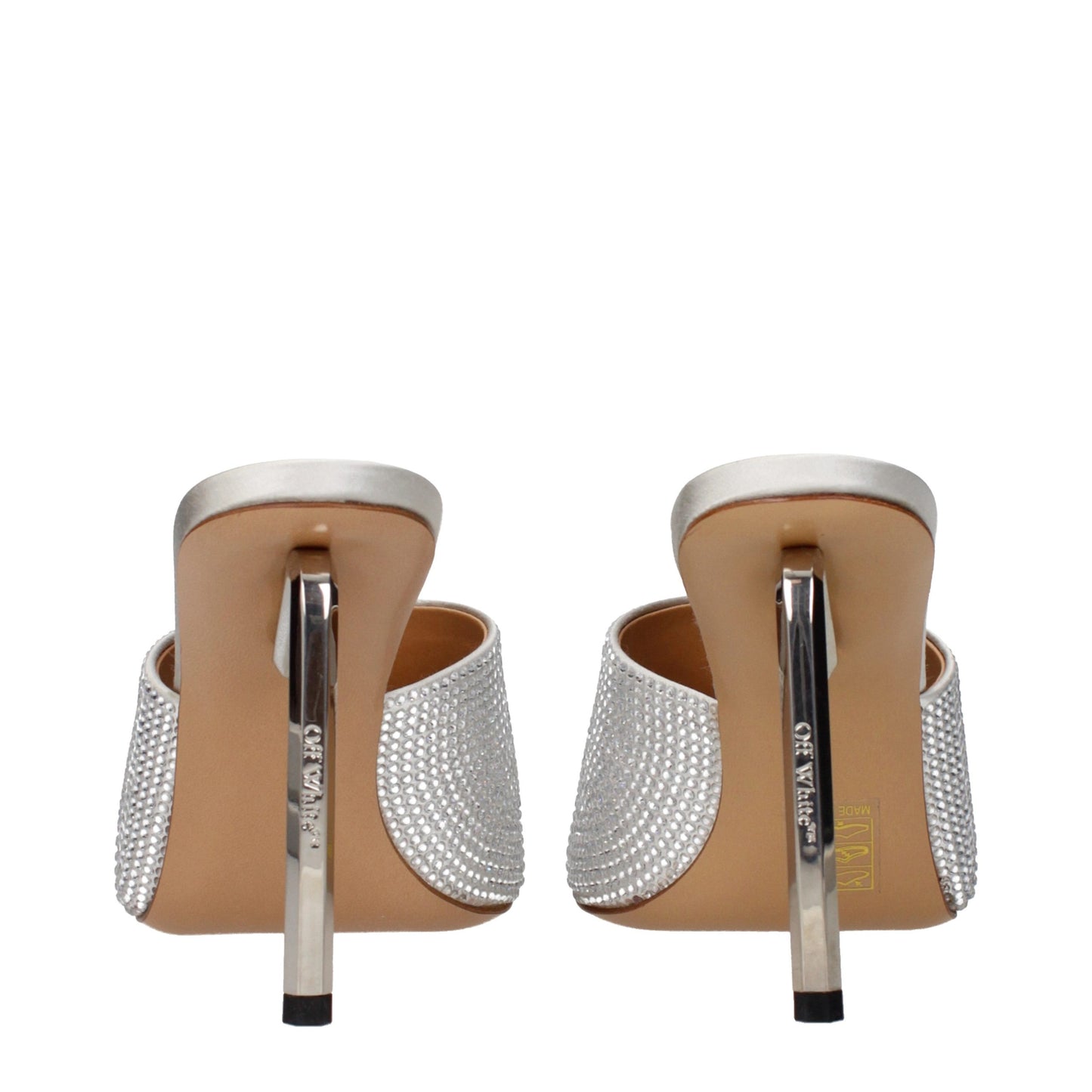 Stiletto Sandals by Off-White for women in satin & rhinestone and gray, silver & white presents a captivating silhouette, showcasing the signature style of the Women's Satin & Rhinestone Stiletto Sandals with a captivating stiletto and captivating .