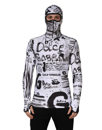Dolce & Gabbana White Jersey Graffiti Print Balaclava Hood Sweater