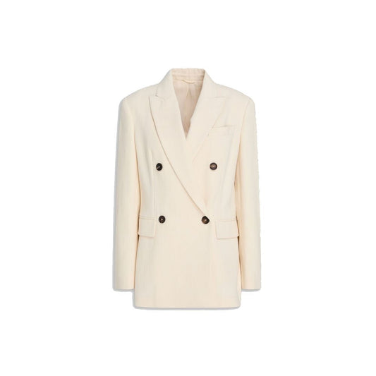 This Blazer by Brunello Cucinelli for women in polyamide cotton & virgin wool white presents a tailored silhouette, meticulously tailored with a tailored and distinctive for a tailored finish.