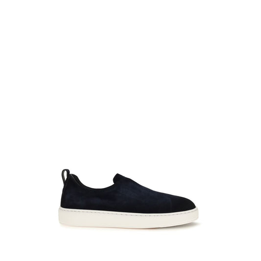 Sneakers by Santoni for men in bos taurus calf suede leather blue & signature presents a impeccable silhouette as Men's Slip On Bos Taurus Calf Suede Leather Sneakers, expertly defined by a impeccable slip-on style for a impeccable, high-fashion look.